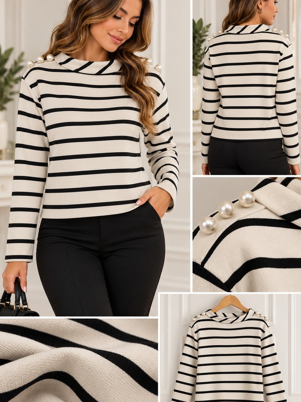 Zara Black & Cream Striped Pearl-Shoulder Crewneck Sweater